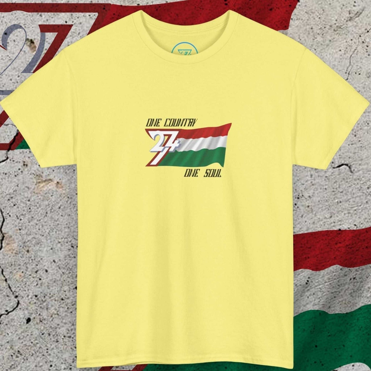 Front view of the light yellow Hand-drawn Hungary graphic tee featuring Magyar Spirit edition with tricolor flag and "One Country One Soul" slogan