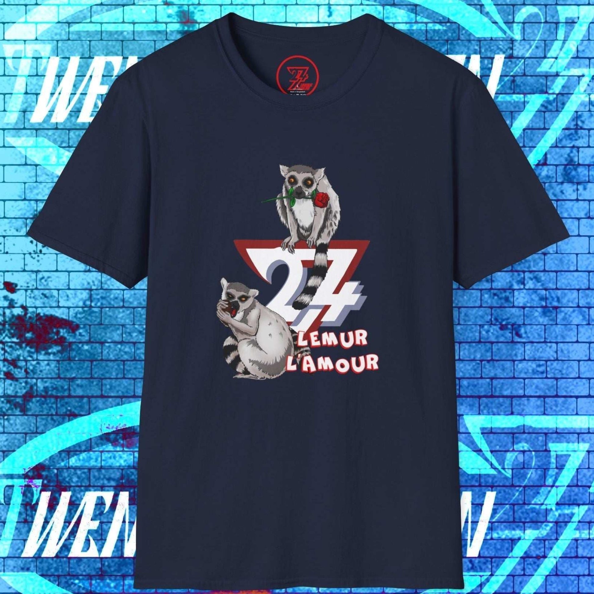 Front view of a navy blue graphic tee telling the "Lemur L’Amour" story through hand-drawn lemurs and a red rose.