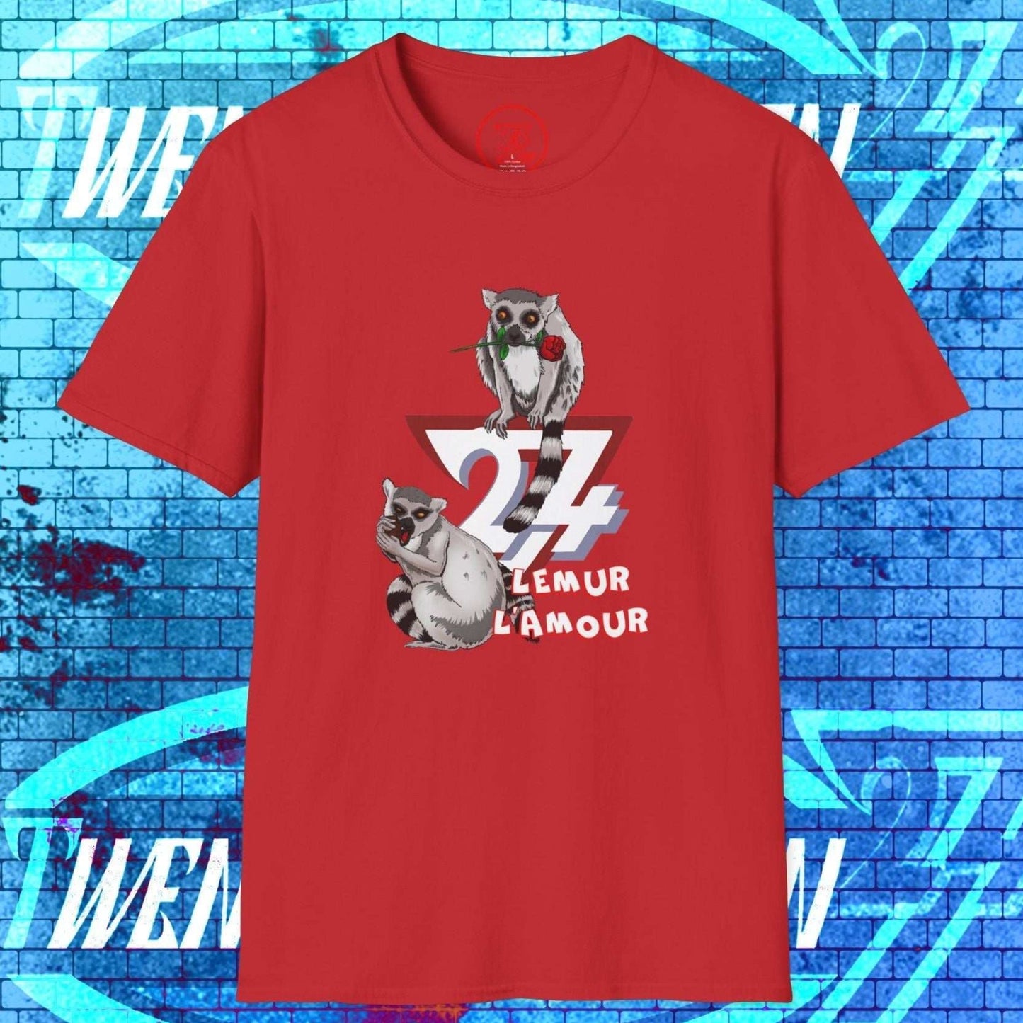 Front view of the red Lemur L’Amour t-shirt featuring hand-drawn lemurs, a rose, and romantic typography.