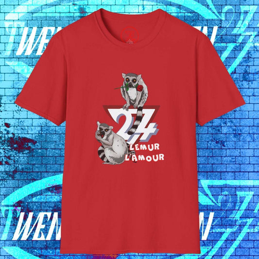 Front view of the red Lemur L’Amour t-shirt featuring hand-drawn lemurs, a rose, and romantic typography.