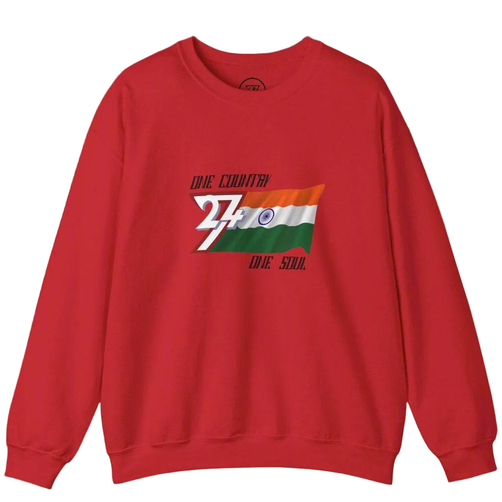 Red sweatshirt featuring India flag design with "One country one soul" slogan on chest