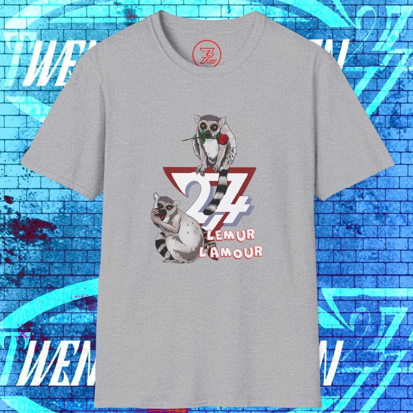 Hand-drawn sport gray graphic tee with "Lemur L’Amour" text and 24/7 logo, perfect for those in love 24/7.