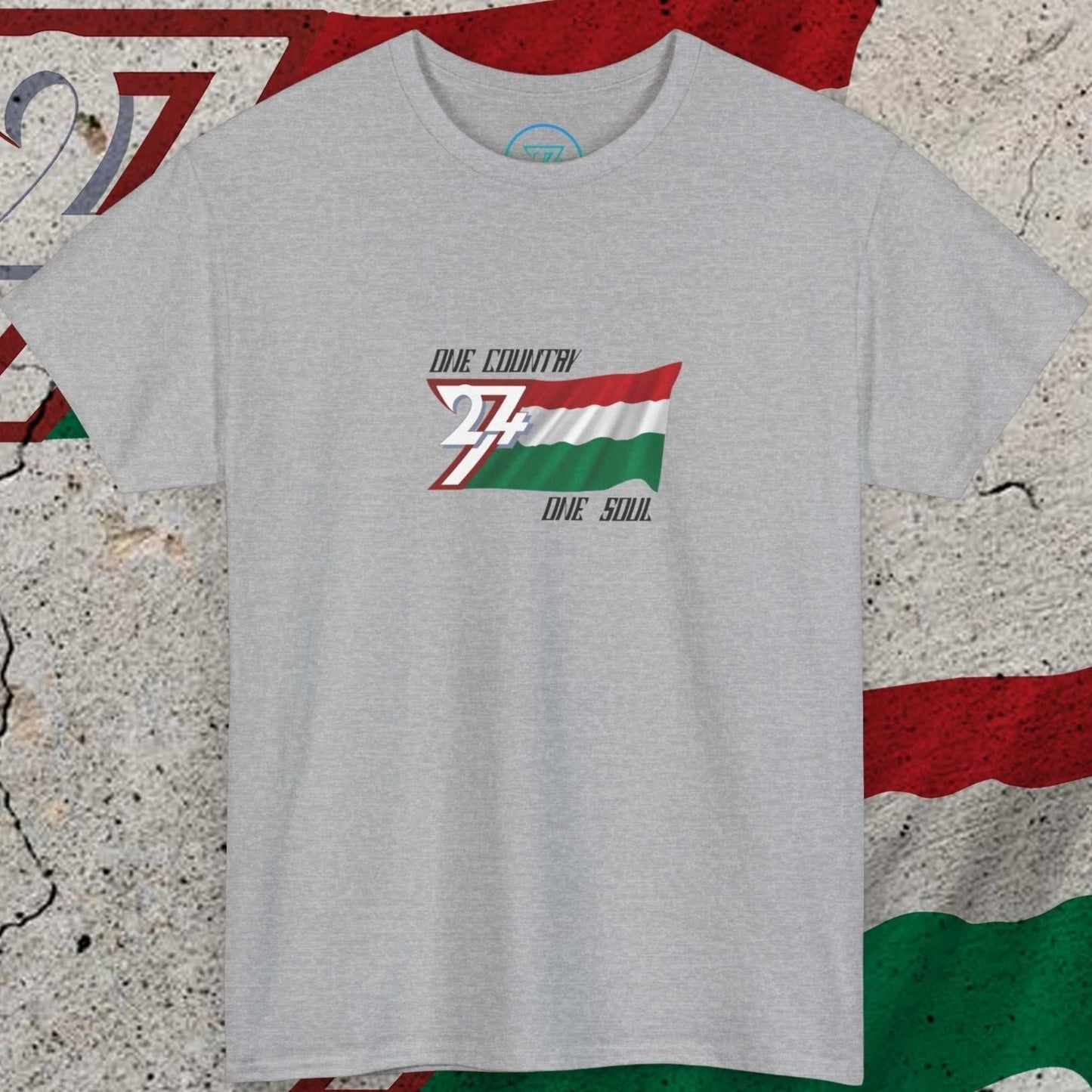 Front view of the sport gray Hand-drawn Hungary graphic tee with tricolor flag and "One Country One Soul" slogan