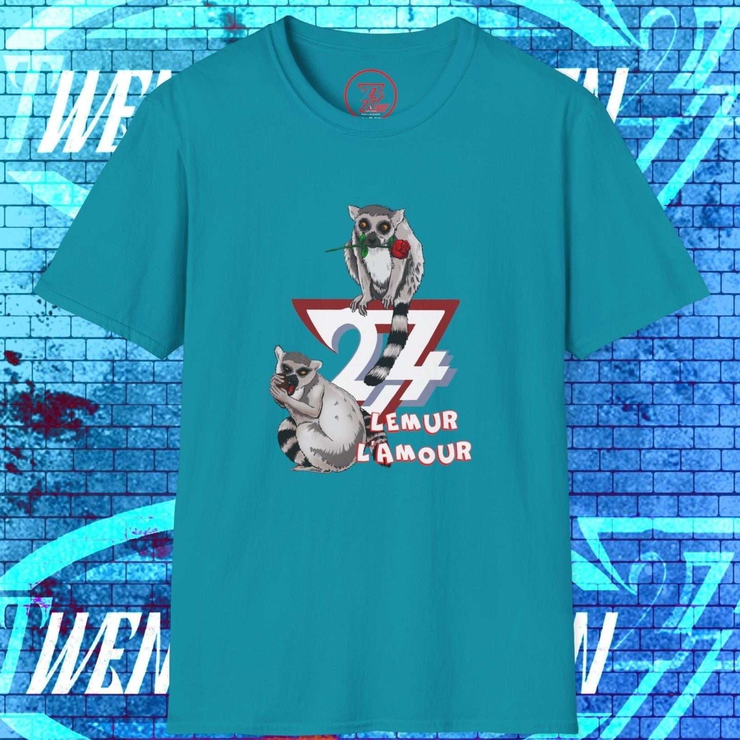 A tropical blue lemur-themed Valentine's tee for animal lovers, showcasing original 24/7 Unique Designs artwork.