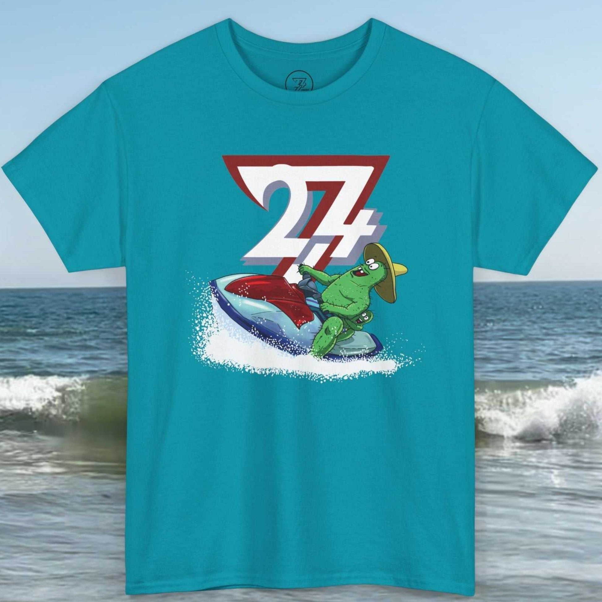 Ocean-themed Tropical Blue Cactus Summer Tee - original 24/7 artwork front view.