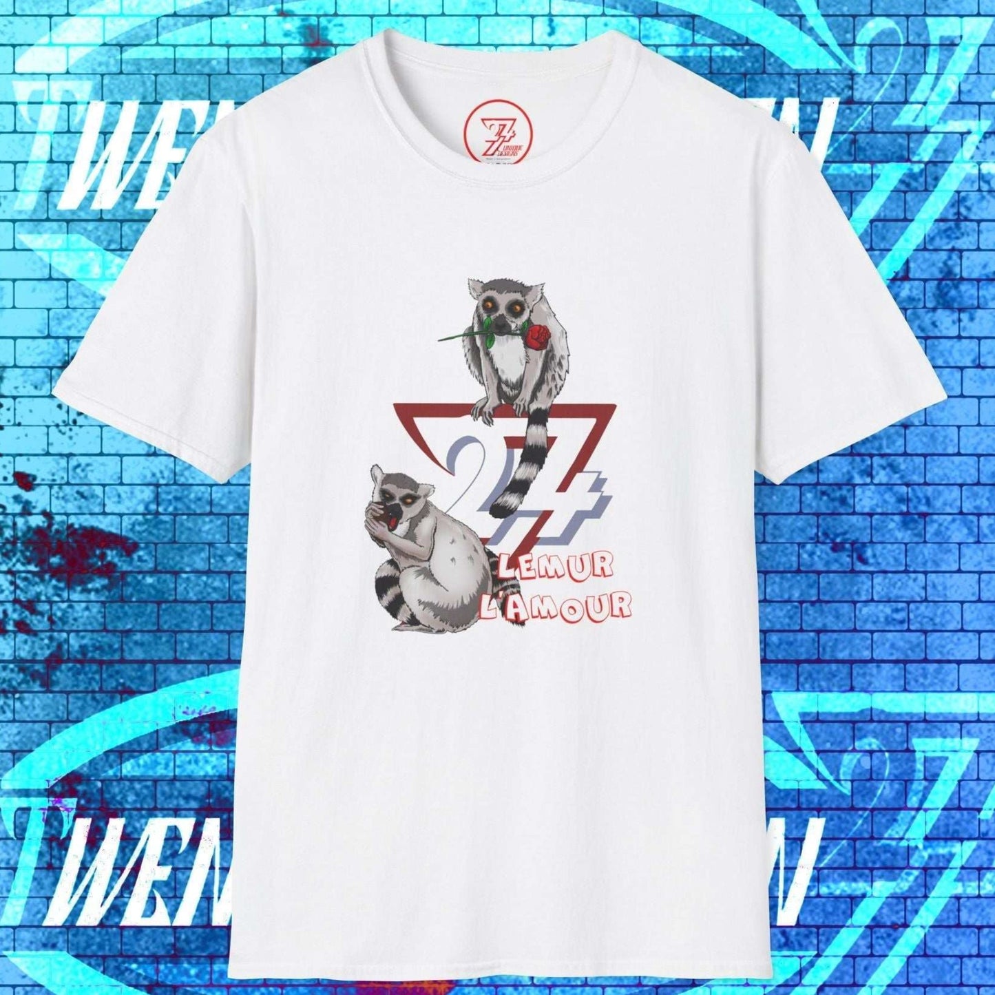 The "LEMUR L'AMOUR" text and 24/7 logo featured on a white Valentine's Day graphic t-shirt.