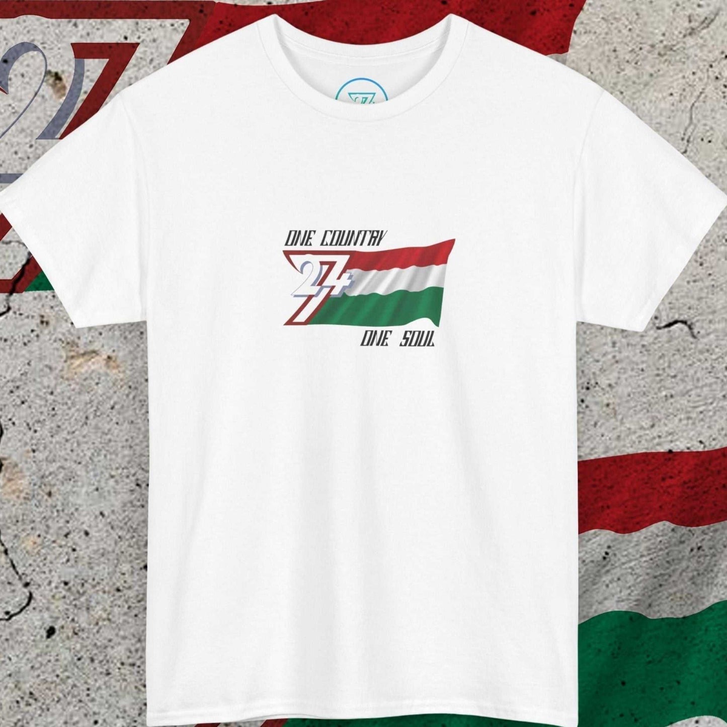 Front view of the white Hungary graphic tee with hand-drawn tricolor flag and "One Country One Soul" slogan