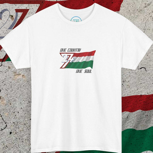 Front view of the white Hungary graphic tee with hand-drawn tricolor flag and "One Country One Soul" slogan