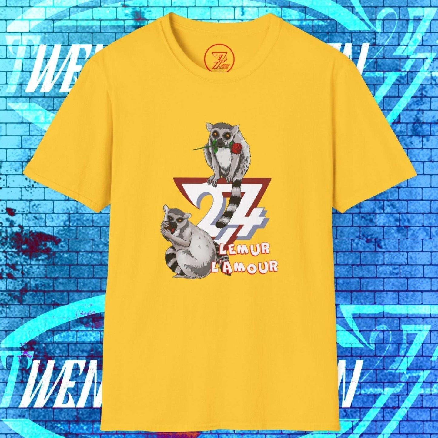 High-resolution front view of the yellow Lemur L’Amour t-shirt, highlighting the premium print and original animal sketch.