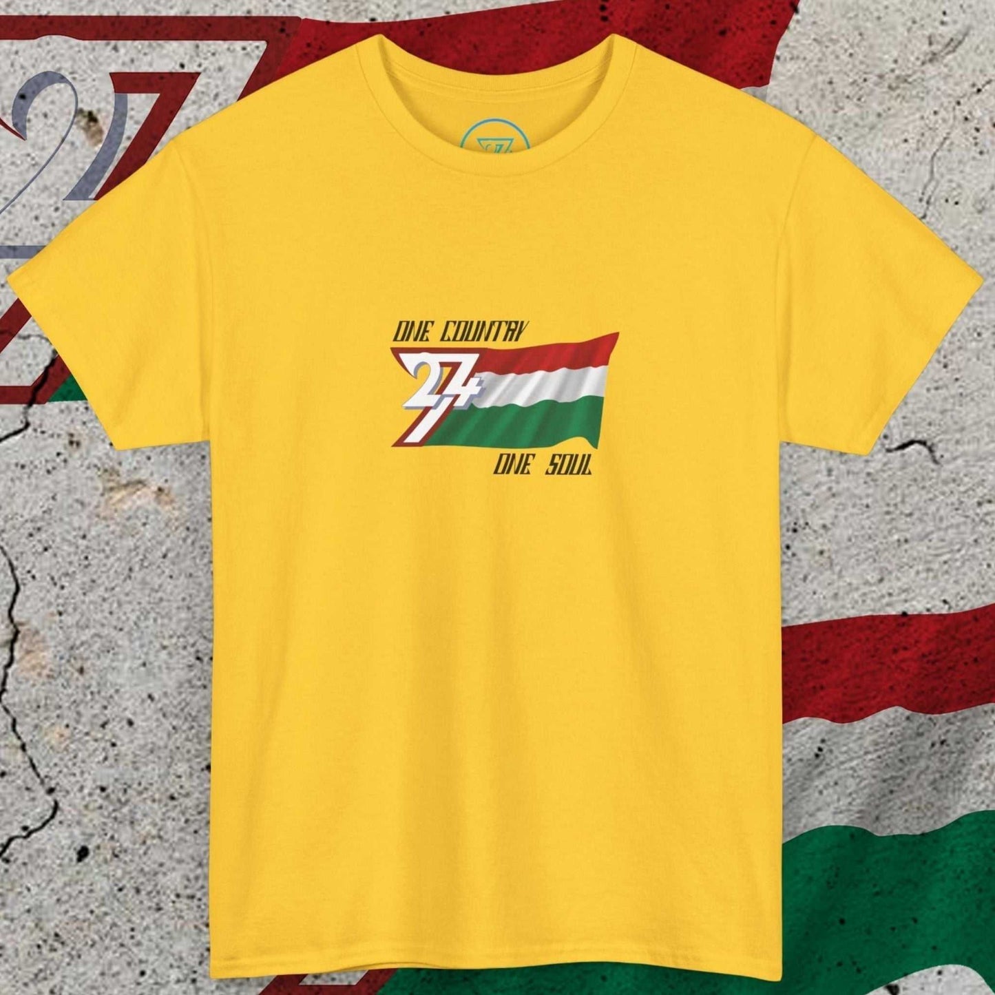 Front view of the yellow Hungary graphic tee with hand-drawn Magyar Spirit flag and "One Country One Soul" slogan