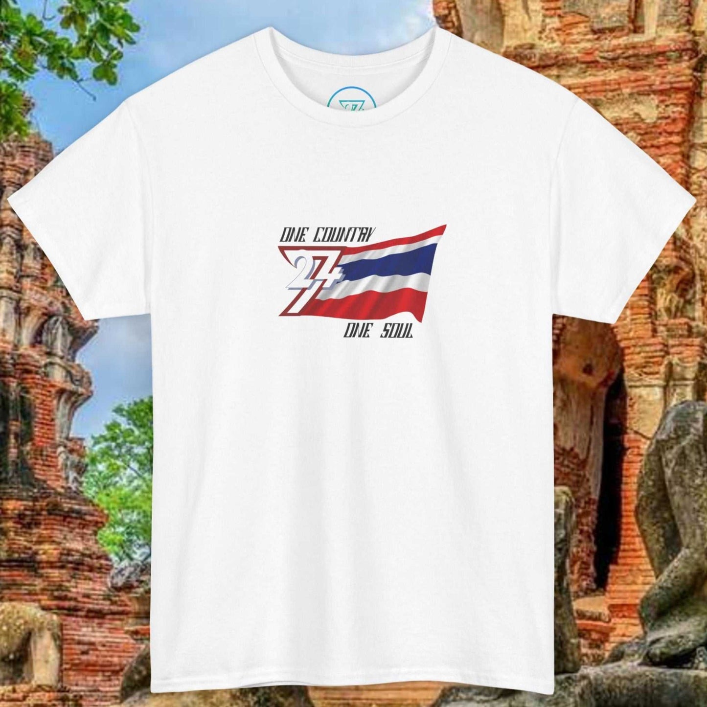 White unisex Thailand flag T-shirt with hand-drawn Thong Trairong graphic and "One Country One Soul" text.