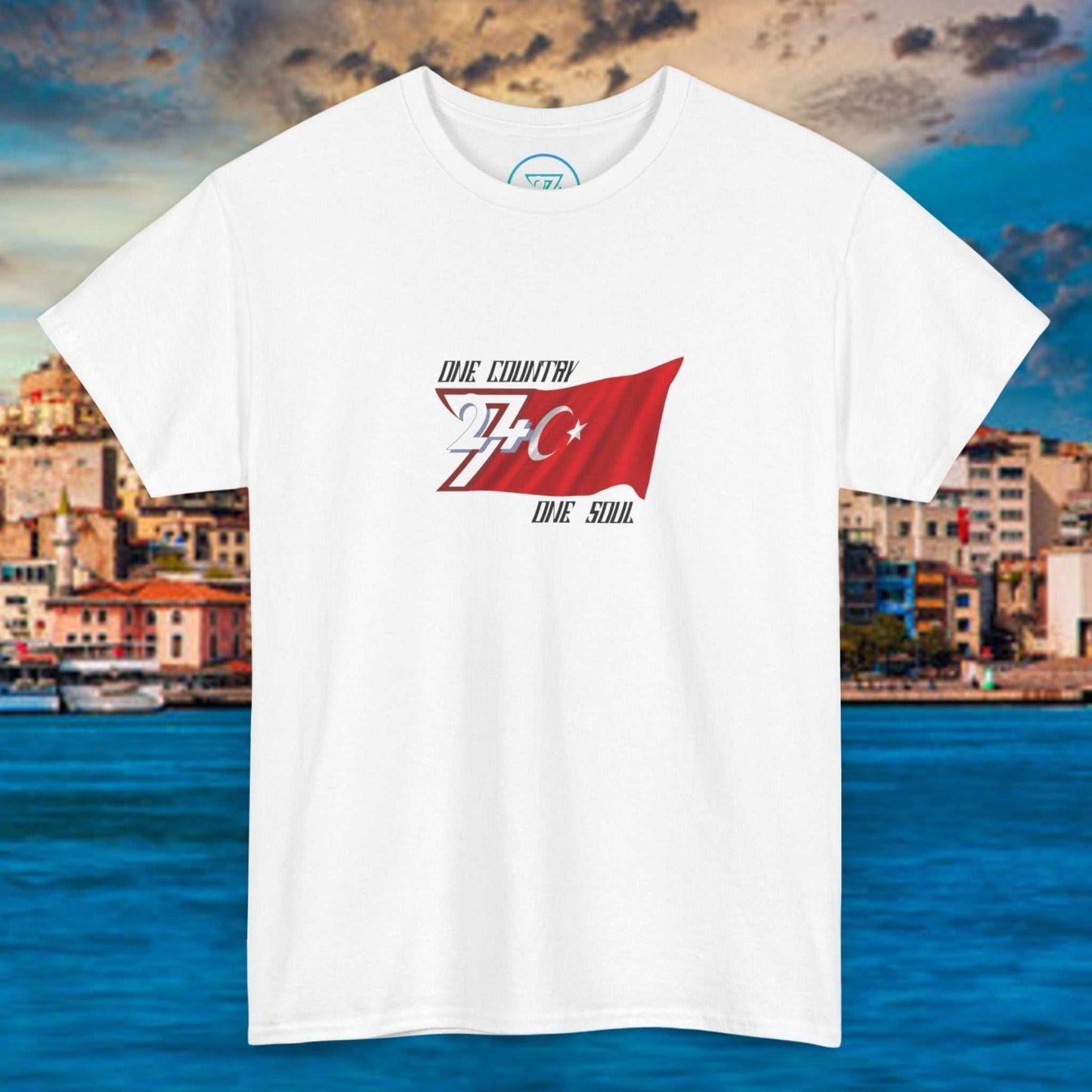 White Türkiye flag graphic t-shirt with hand-drawn red flag and crescent star design on front.