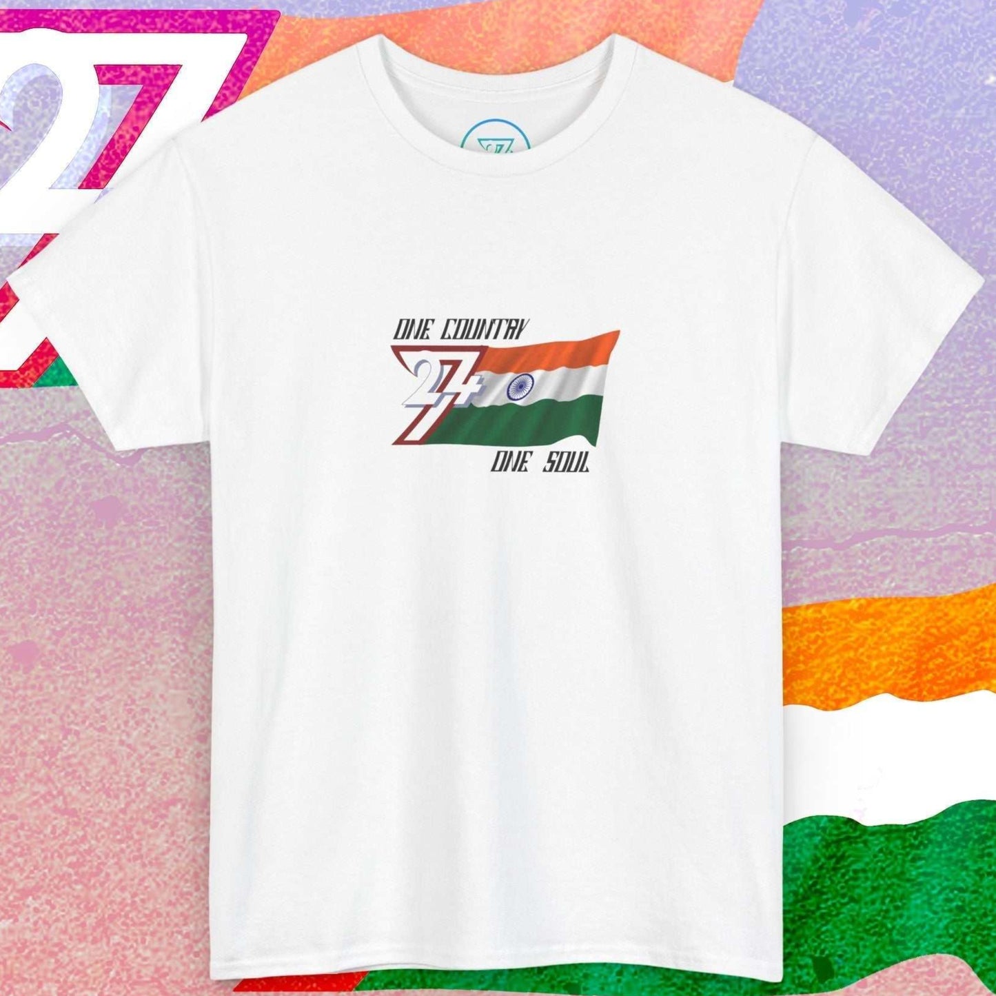 Main product shot of the white India "Bharat" edition tee with artistic flag textures and "One Country One Soul" motto.