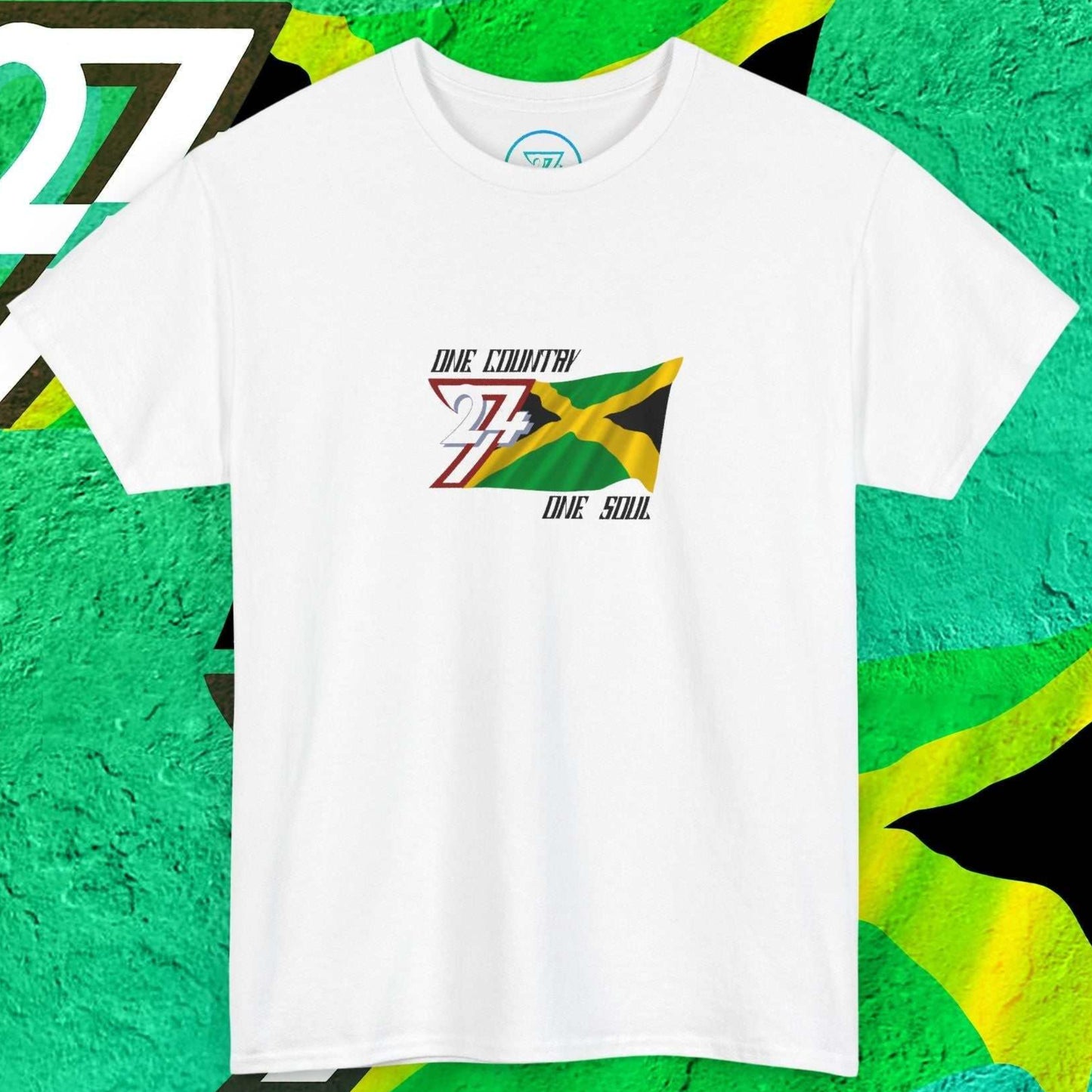 Digitally illustrated Jamaica graphic tee in white with original artist sketch-work and "One Country One Soul" text.