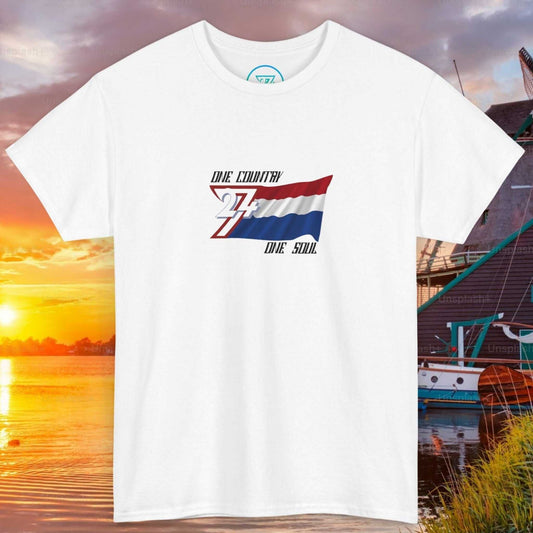 Front view of a white graphic t-shirt featuring a digitally hand-drawn Netherlands flag design.