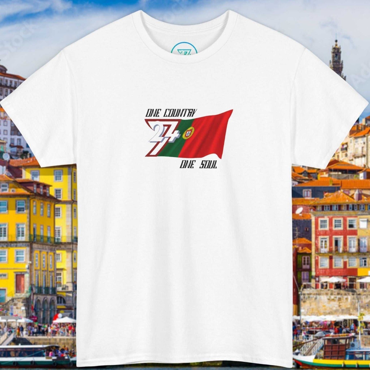 Front view of a white graphic t-shirt featuring a digitally hand-drawn Portugal flag design.