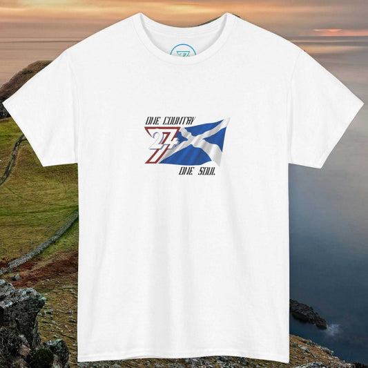 White Scotland Graphic Tee with hand-drawn Saltire flag design on soft cotton unisex shirt front view