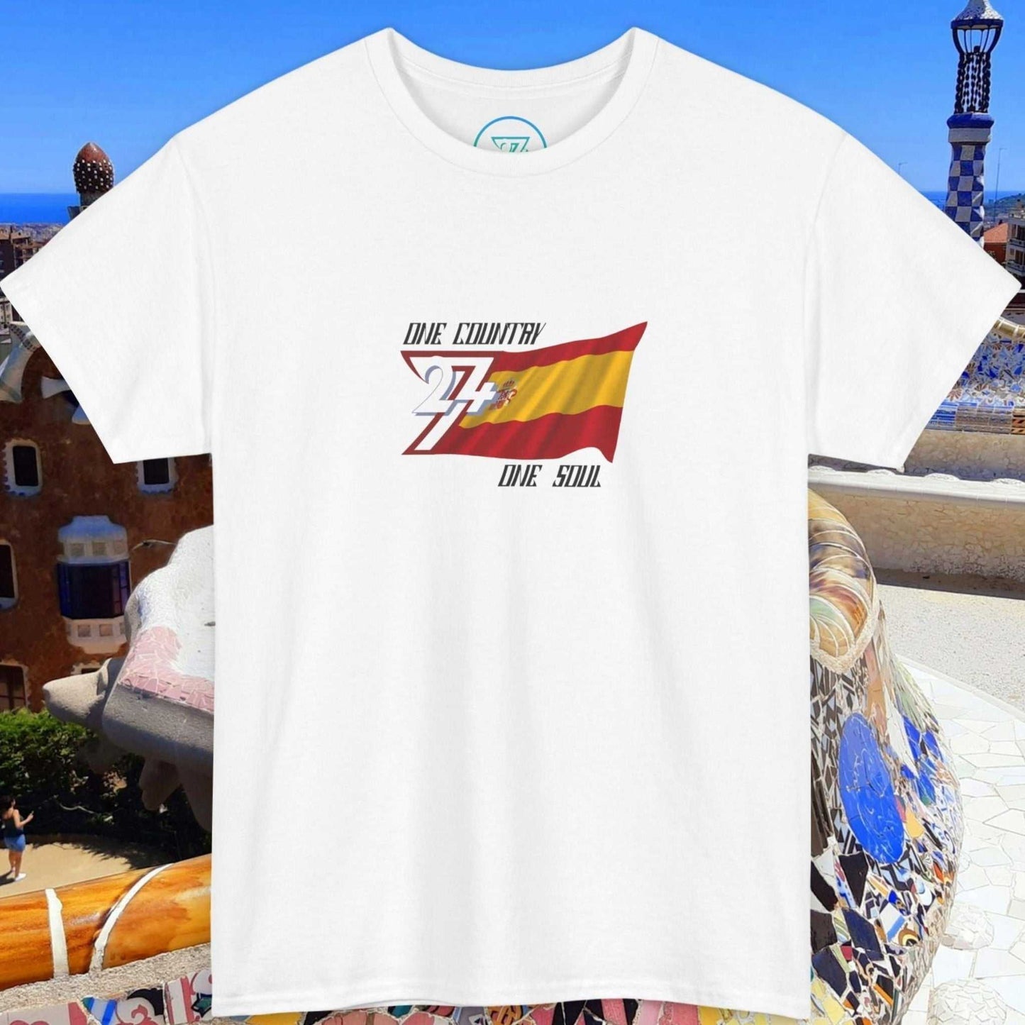 White unisex tee with hand-drawn Spain flag graphic and "One Country One Soul" text design