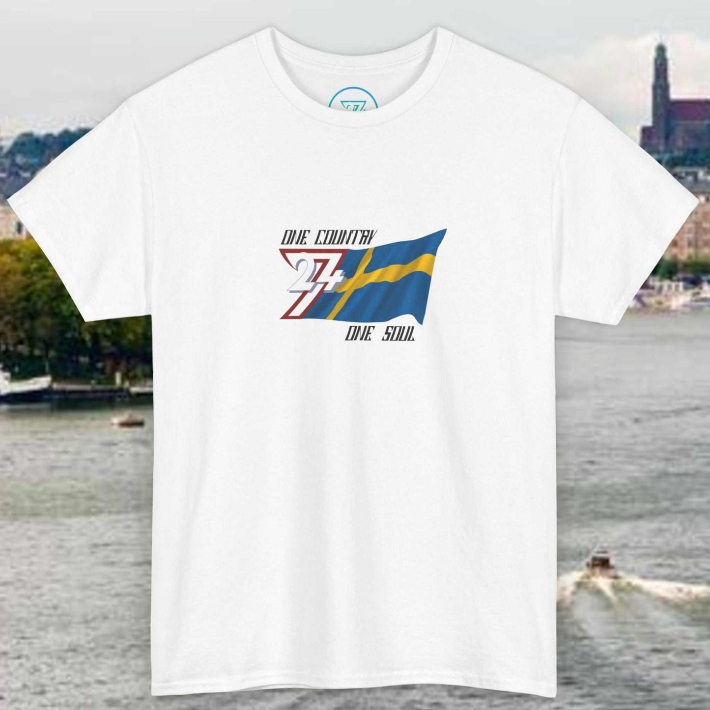 White unisex t-shirt with hand-drawn Sweden flag graphic and "One Country One Soul" text design