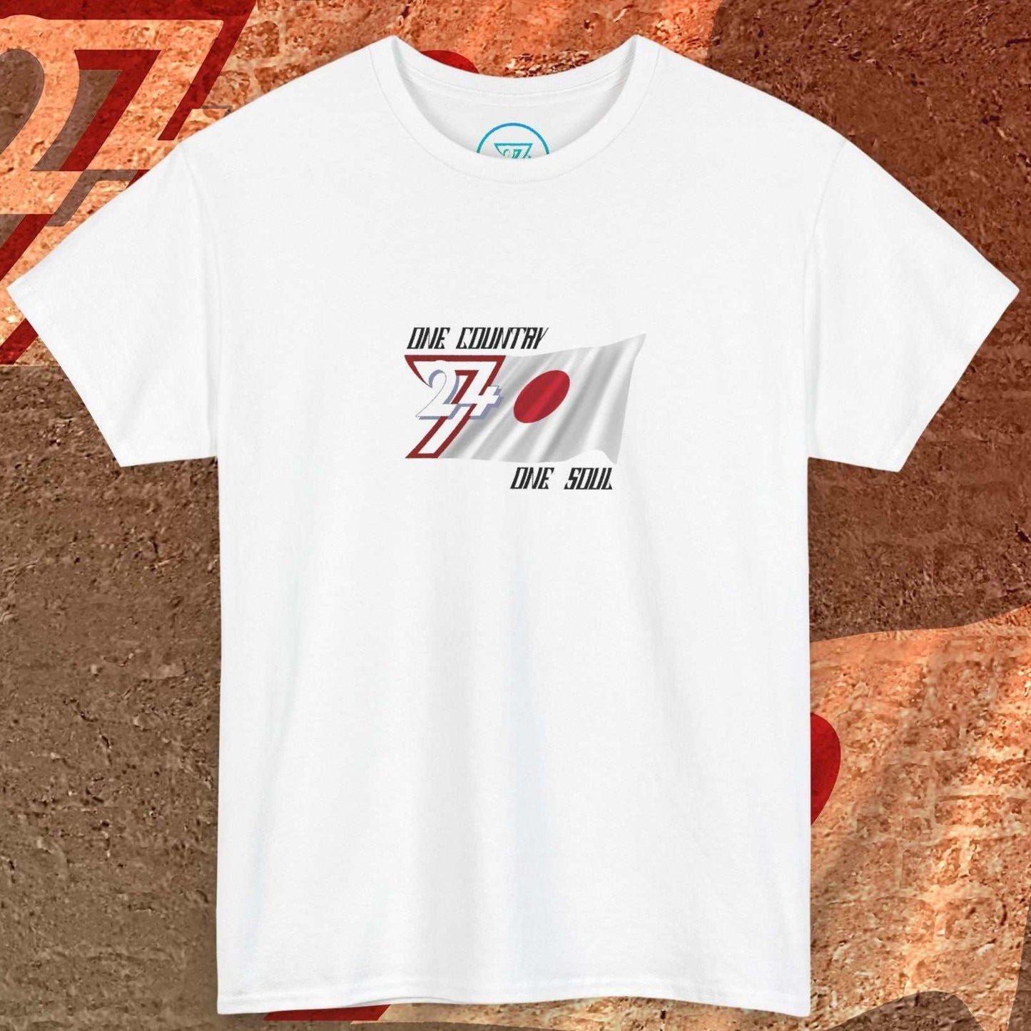 Digitally sketched Japan graphic tee in white with original artist artwork and "One Country One Soul" text.