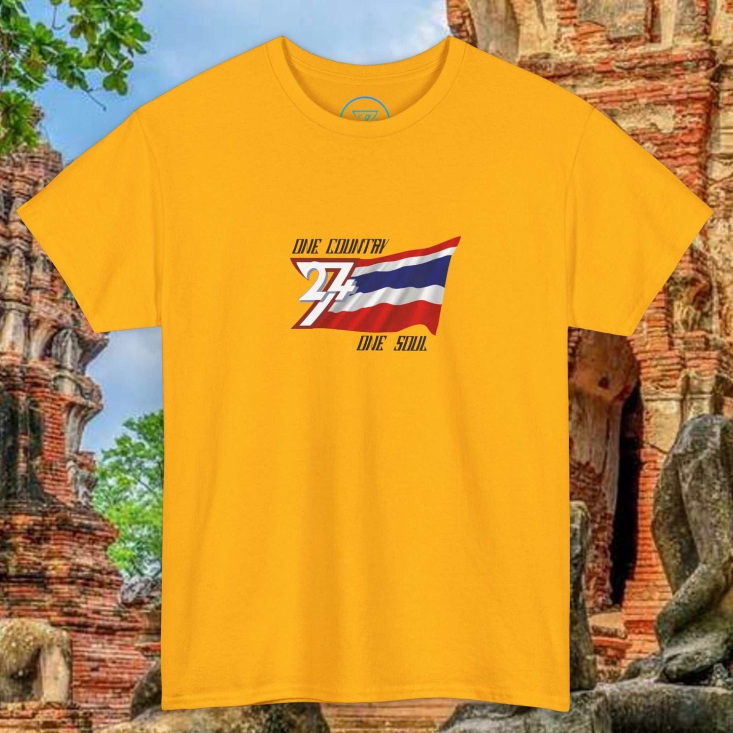 Unisex yellow Thailand Flag T-Shirt with hand-drawn Thong Trairong graphic and "One Country One Soul" text, made of breathable cotton