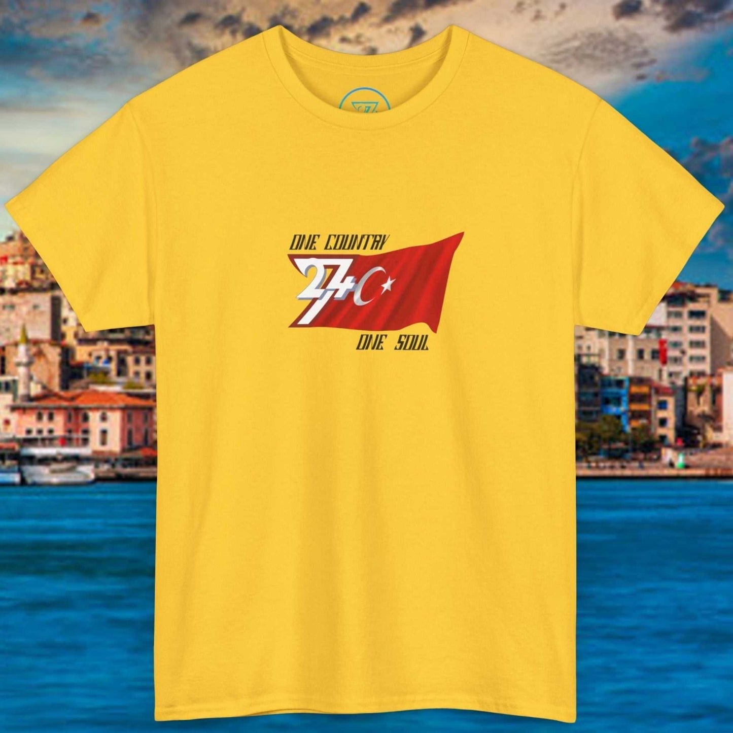 Yellow Türkiye flag graphic t-shirt with hand-drawn design, crew neck, and classic fit for casual and sports wear