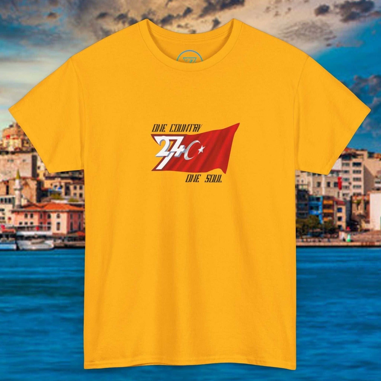 Yellow Türkiye Flag Graphic T-Shirt with hand-drawn flag design, summer casual wear, cotton fabric