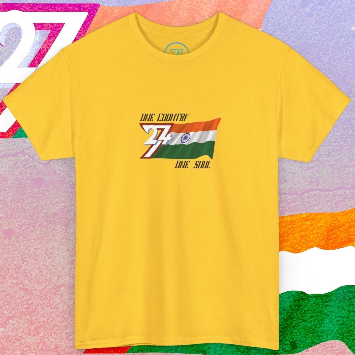 Main product shot of the daisy India "Bharat" edition tee with artistic flag textures and "One Country One Soul" motto.