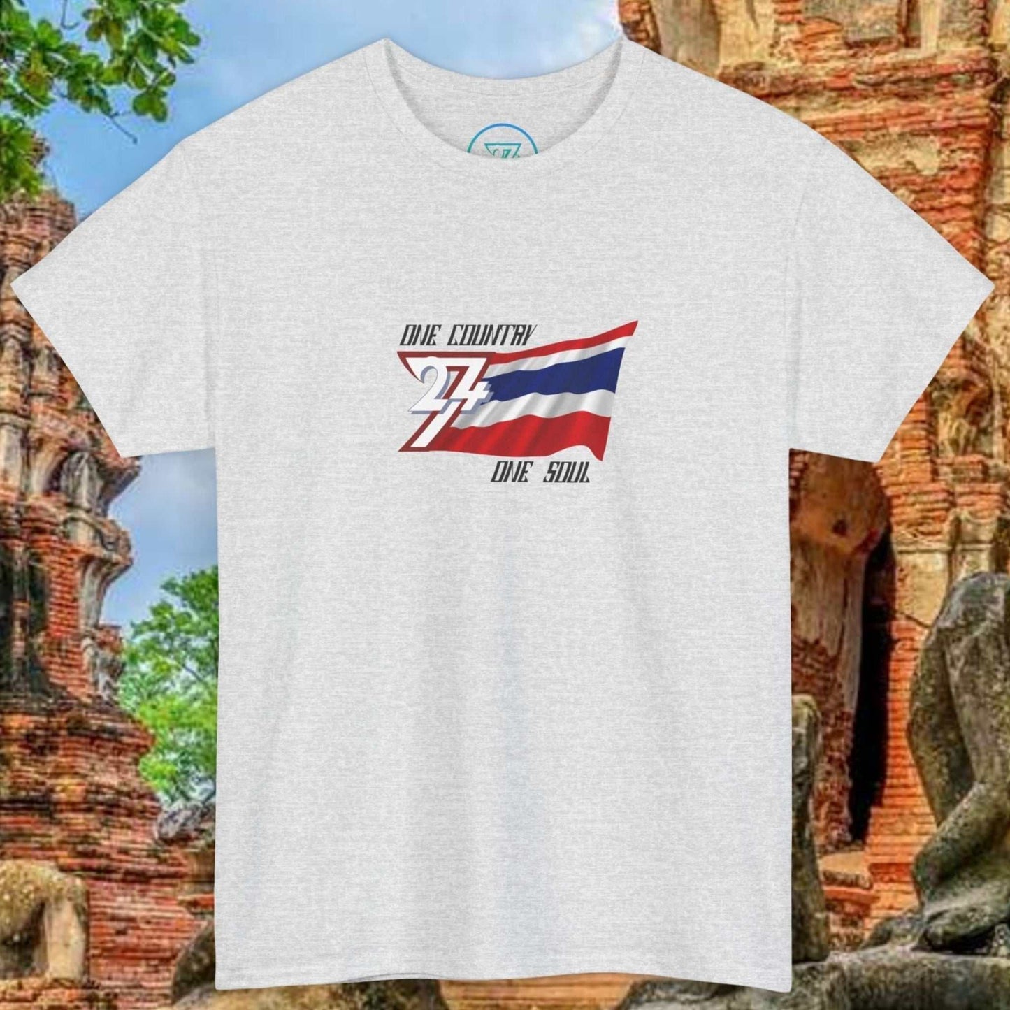 Ash unisex Thailand flag T-shirt with hand-drawn Thong Trairong graphic and "One Country One Soul" text.