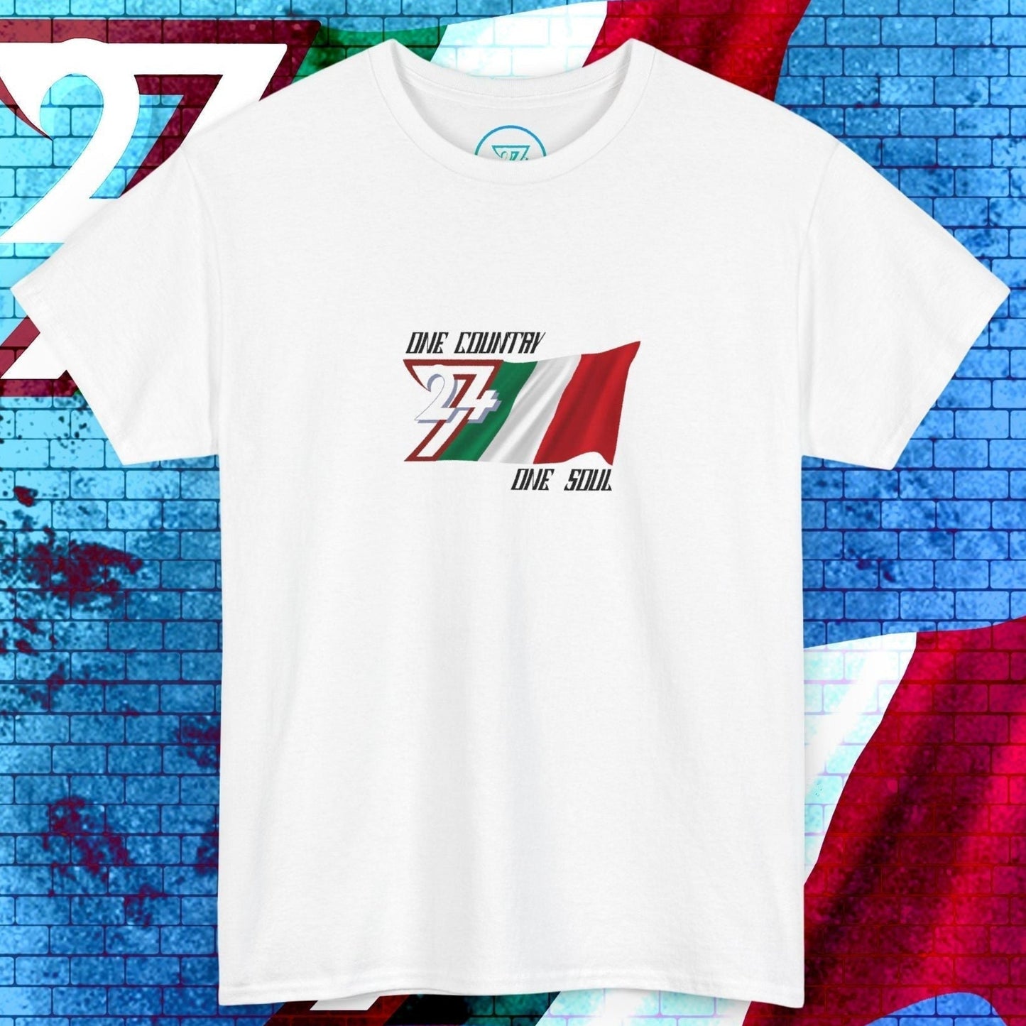 Digitally sketched Italy graphic tee in white with original artist artwork and "One Country One Soul" text.