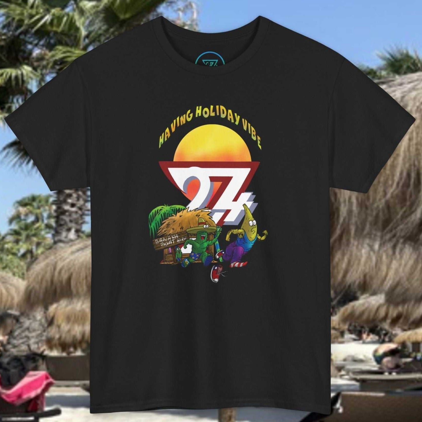 Front view of the Black Funny Banana Boat T-Shirt featuring hand-drawn ocean chase art.
