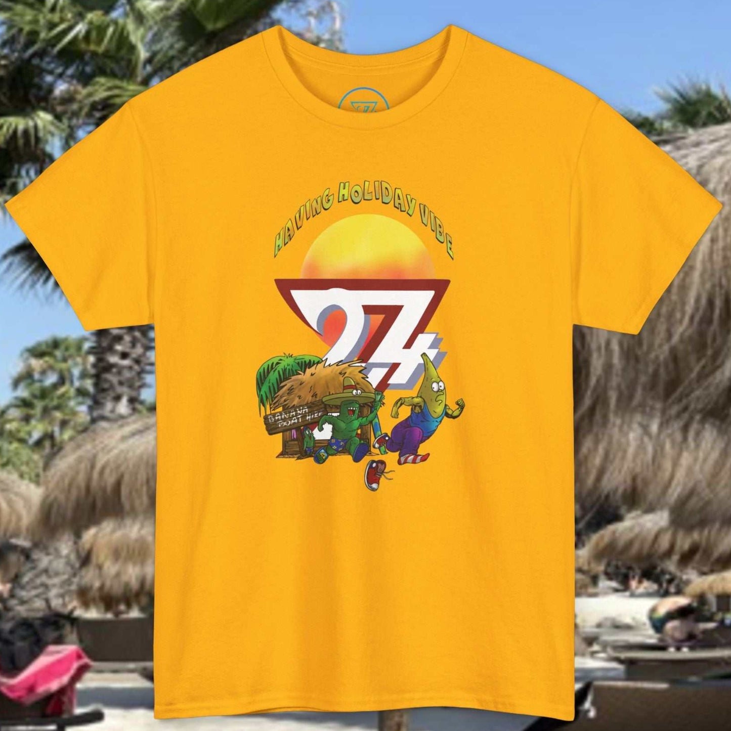 Front view of the Gold Funny Banana Boat T-Shirt featuring hand-drawn ocean chase art.