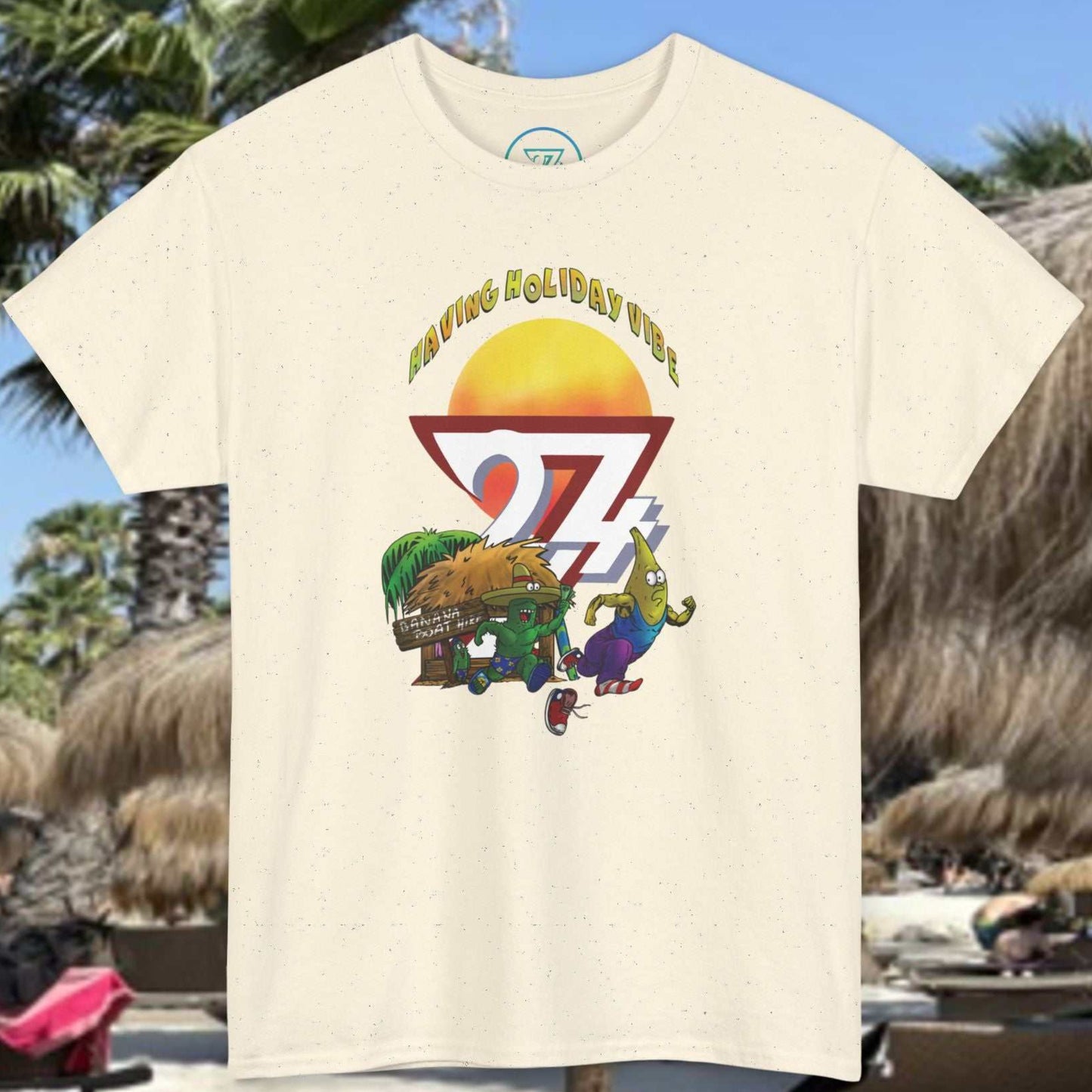Front view of the Natural Funny Banana Boat T-Shirt featuring hand-drawn ocean chase art.