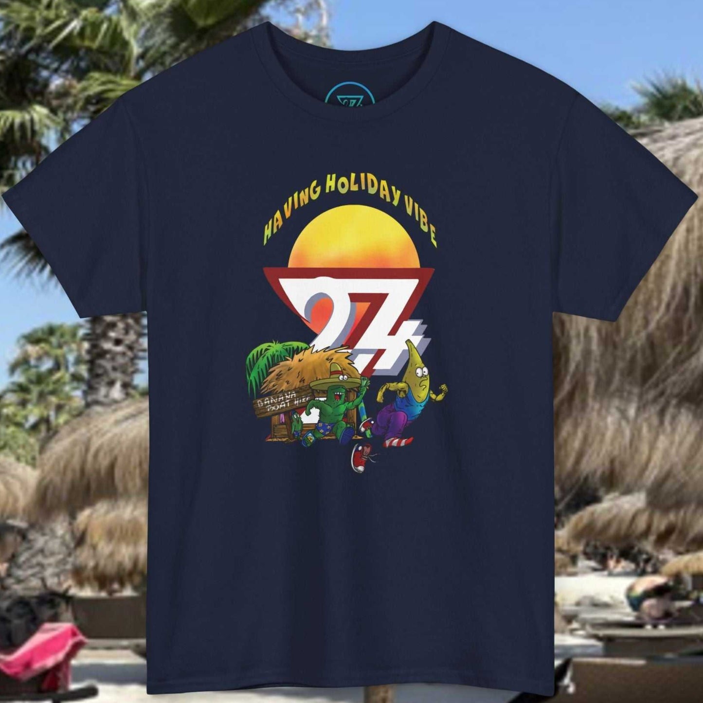Front view of the Navy Funny Banana Boat T-Shirt featuring hand-drawn ocean chase art.