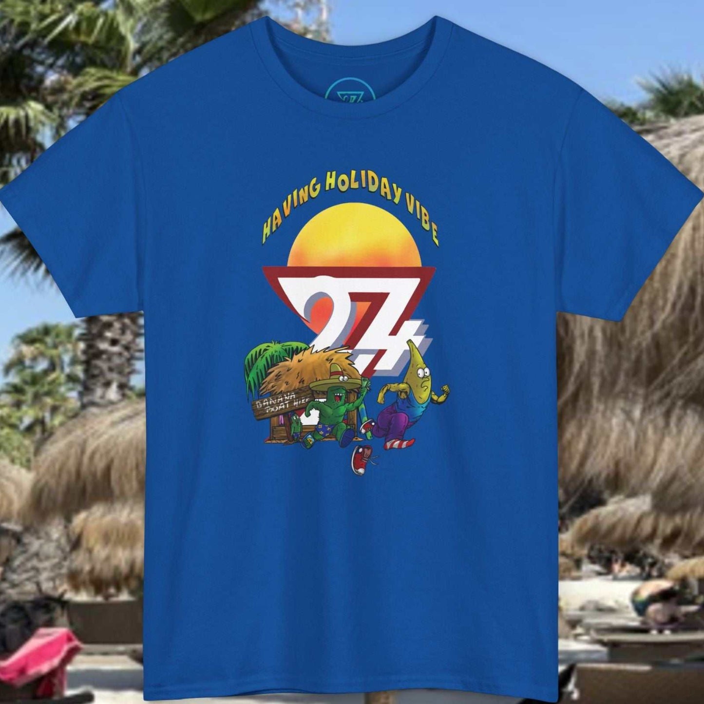 Front view of the Royal Blue Funny Banana Boat T-Shirt featuring hand-drawn ocean chase art.