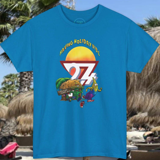 Front view of the Sapphire Funny Banana Boat T-Shirt featuring hand-drawn ocean chase art.