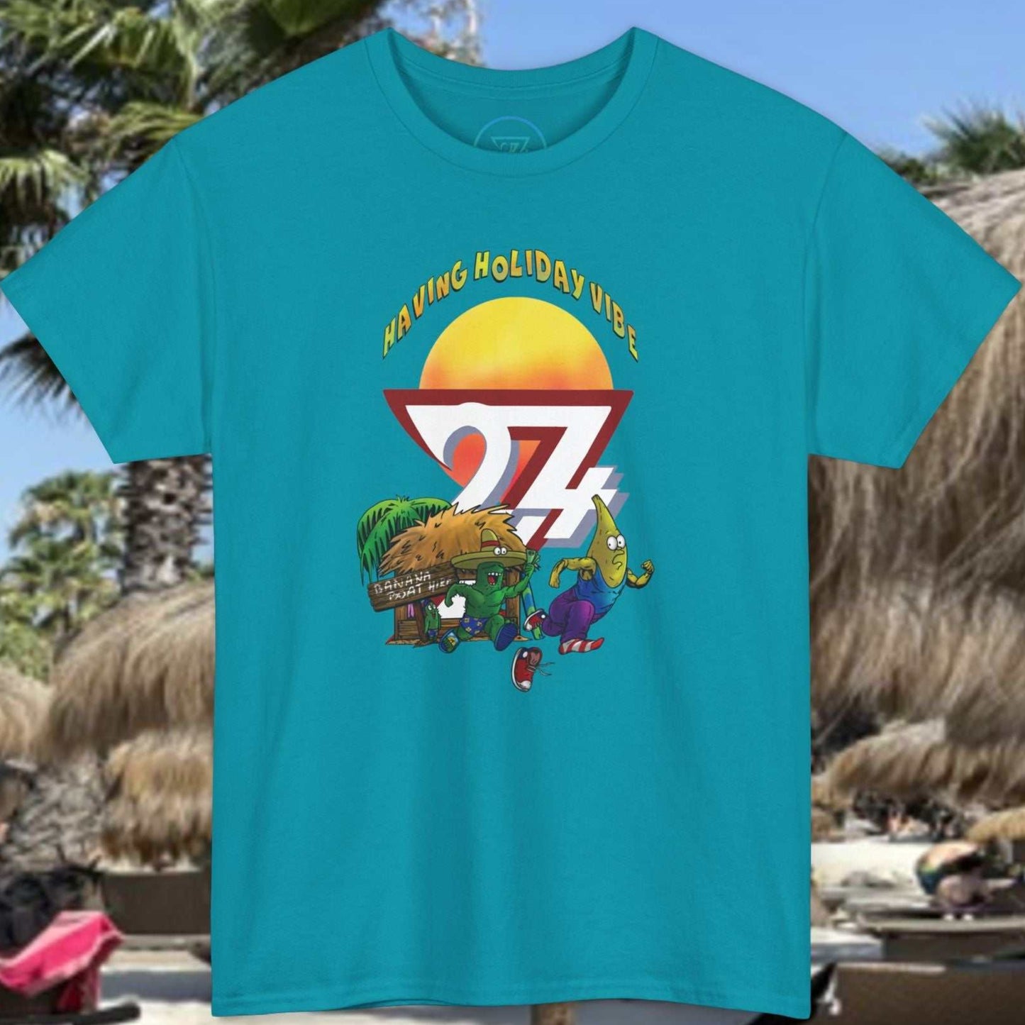 Front view of the Tropical Funny Banana Boat T-Shirt featuring hand-drawn ocean chase art.