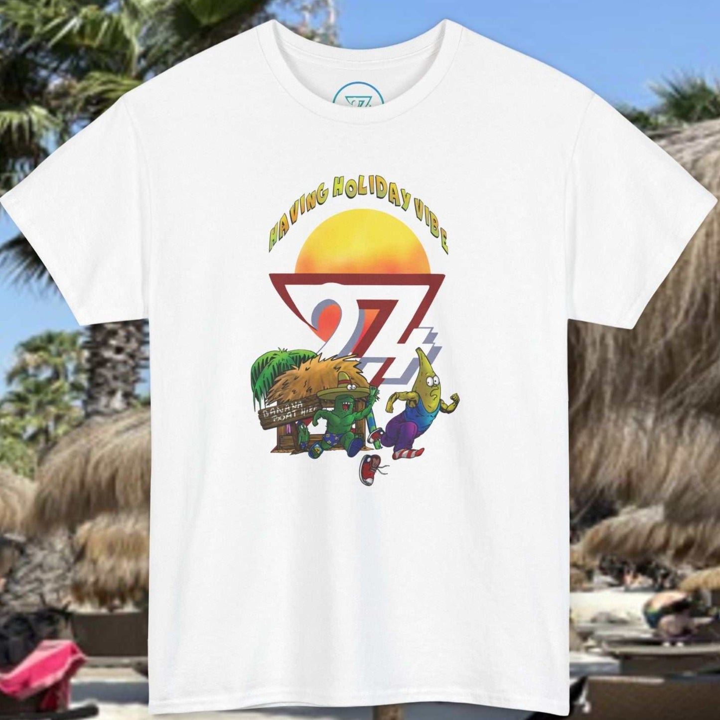 Front view of the White Funny Banana Boat T-Shirt featuring hand-drawn ocean chase art.