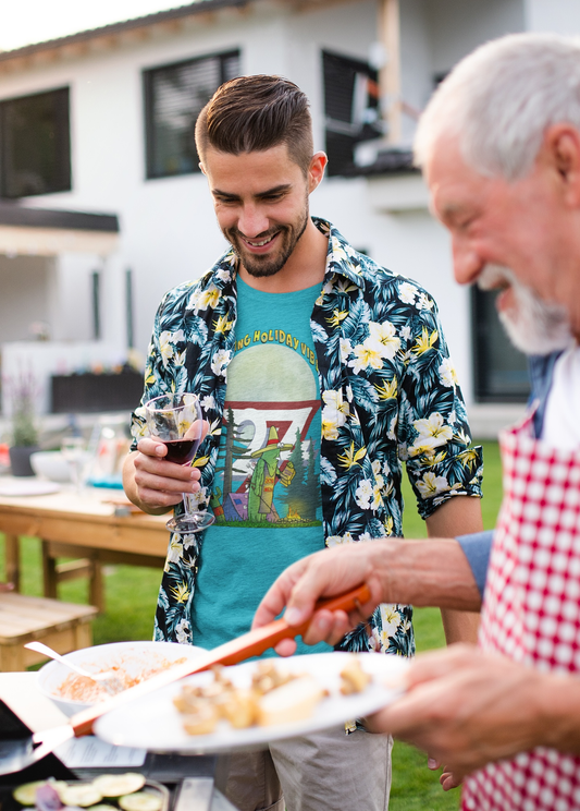 Tropical blue BBQ Tee with funny cactus illustration on male model