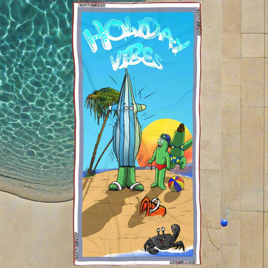 0x60 Funny Beach Towel featuring a hand-drawn cartoon of a cactus trapped in a parasol.