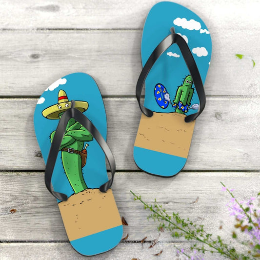 Comfortable funny cartoon flip flops with cactus design - unique summer beach sandals