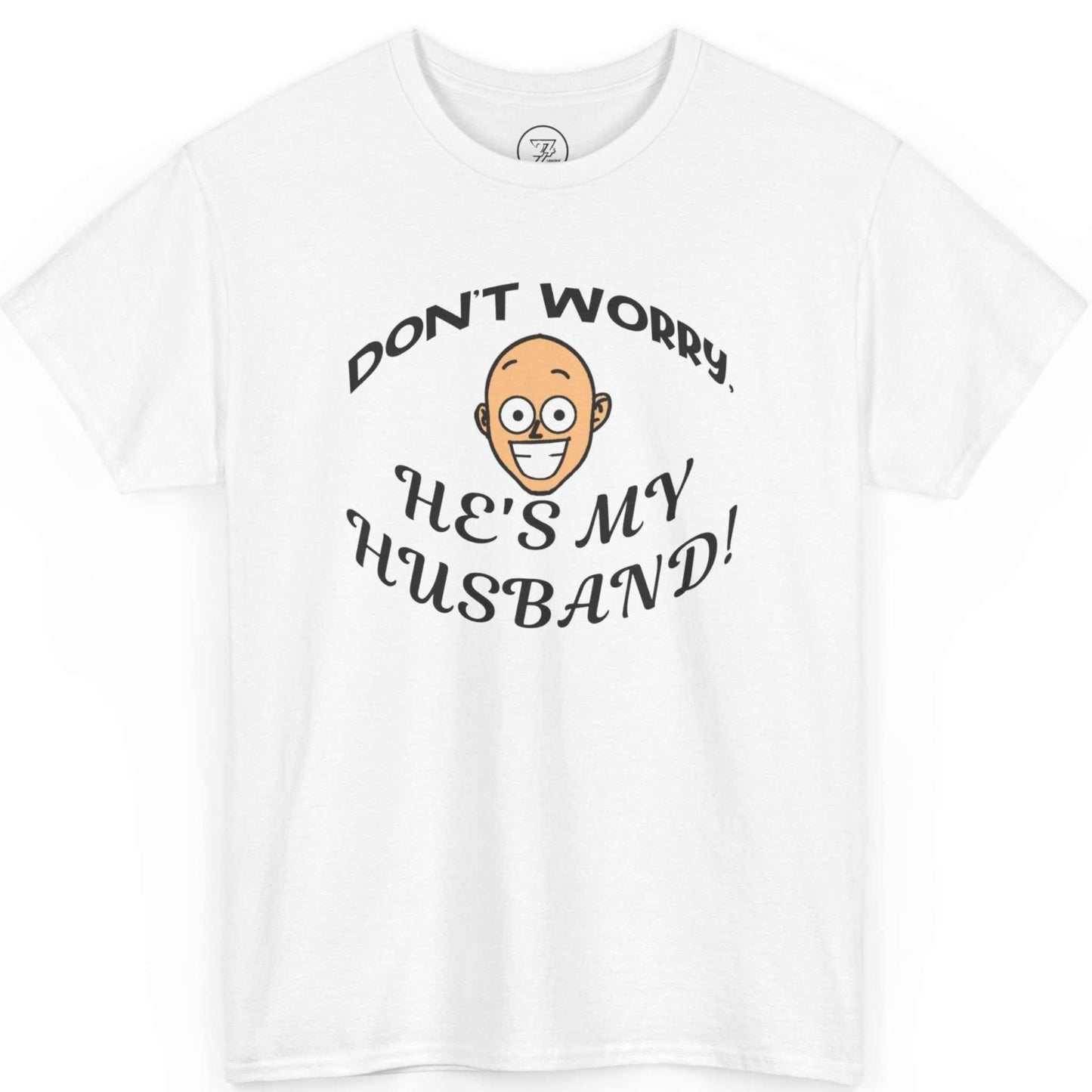 Front view of a white live music event husband tee for wives featuring the classic bald character avatar.