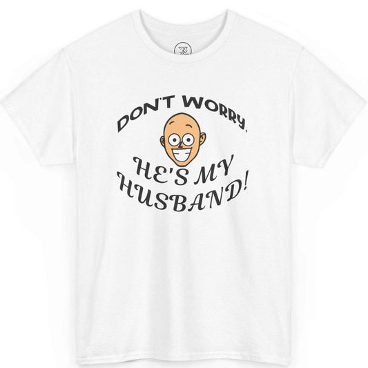 Front view of a white live music event husband tee for wives featuring the classic bald character avatar.