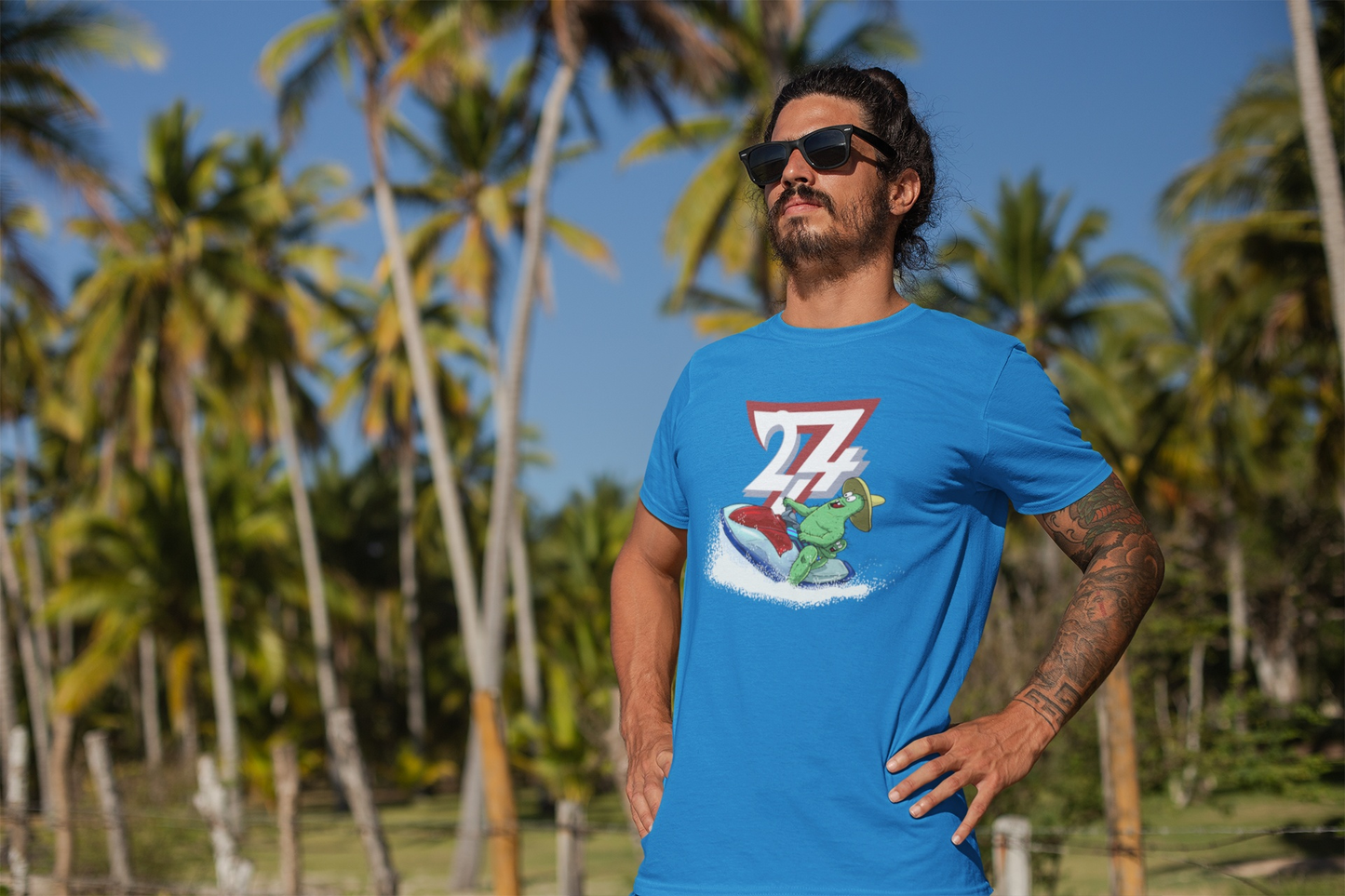 Man wearing the Sapphire Blue Cactus Jetski design by 24/7 Atelier.