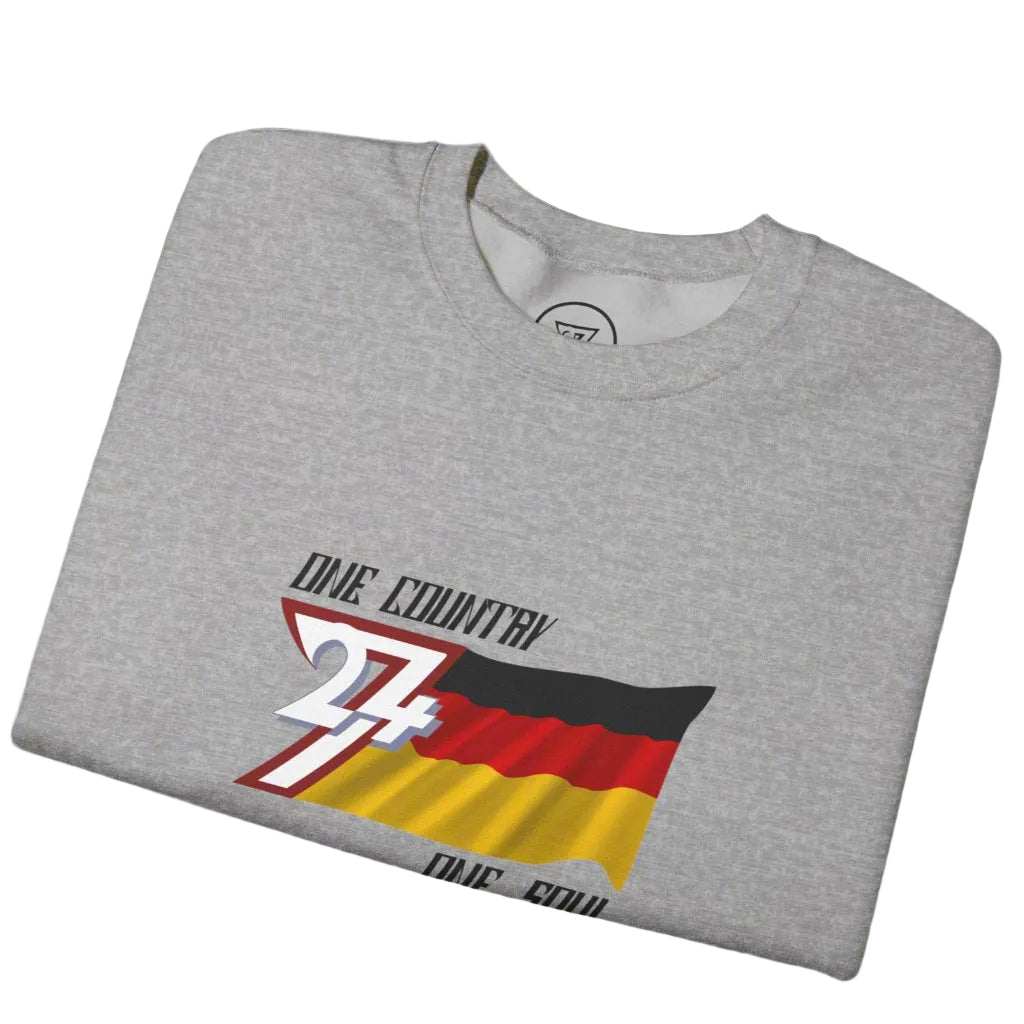 Folded gray sweatshirt with unique Germany flag design and text