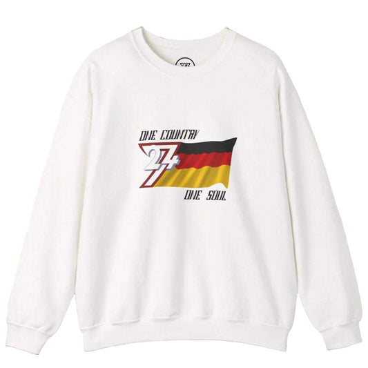 White sweatshirt with Germany flag design and text on chest