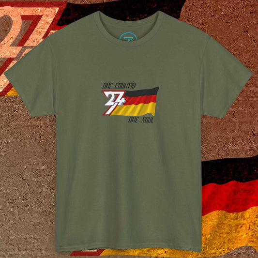 Digitally illustrated Germany graphic tee in Army Green showing the hand-sketched national flag and 24/7 branding.
