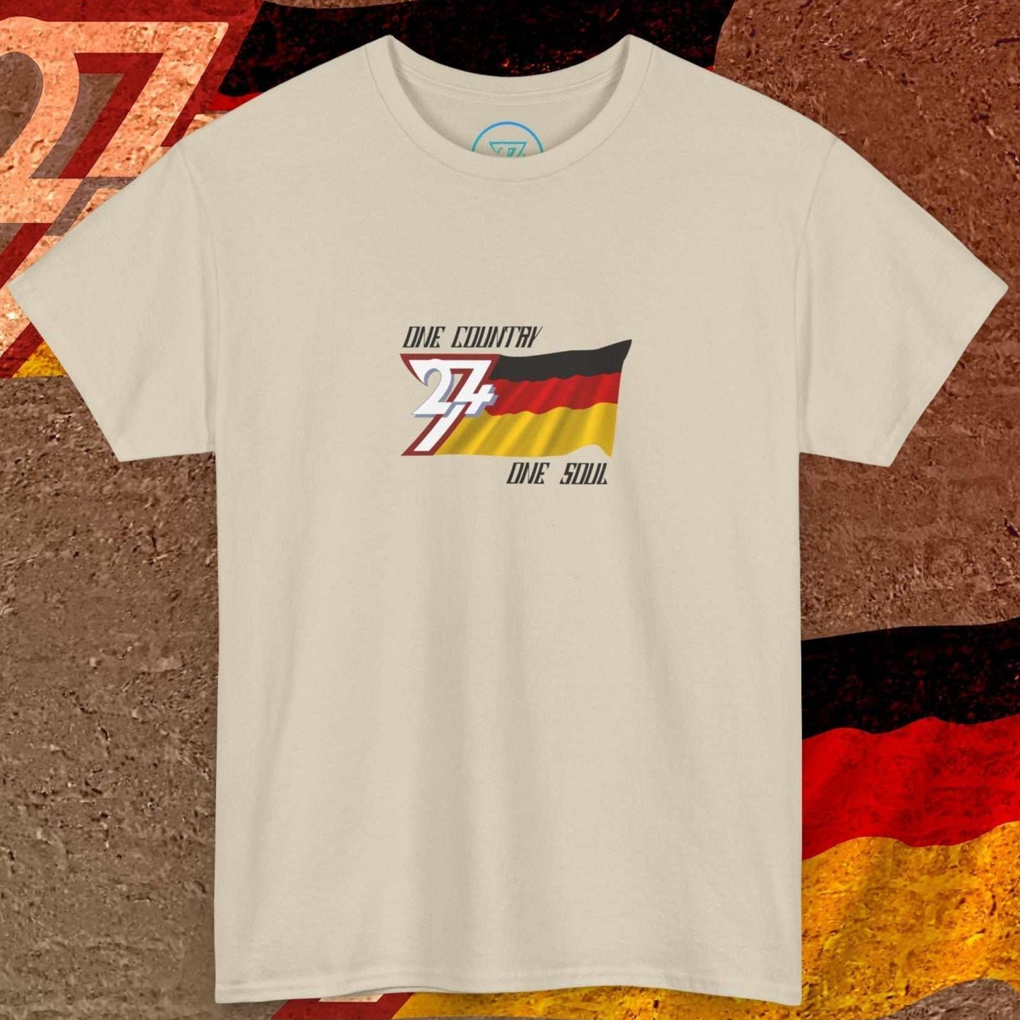 Front perspective of the premium Beige Germany flag shirt, designed with a hand-drawn finish and "One Country One Soul" text.