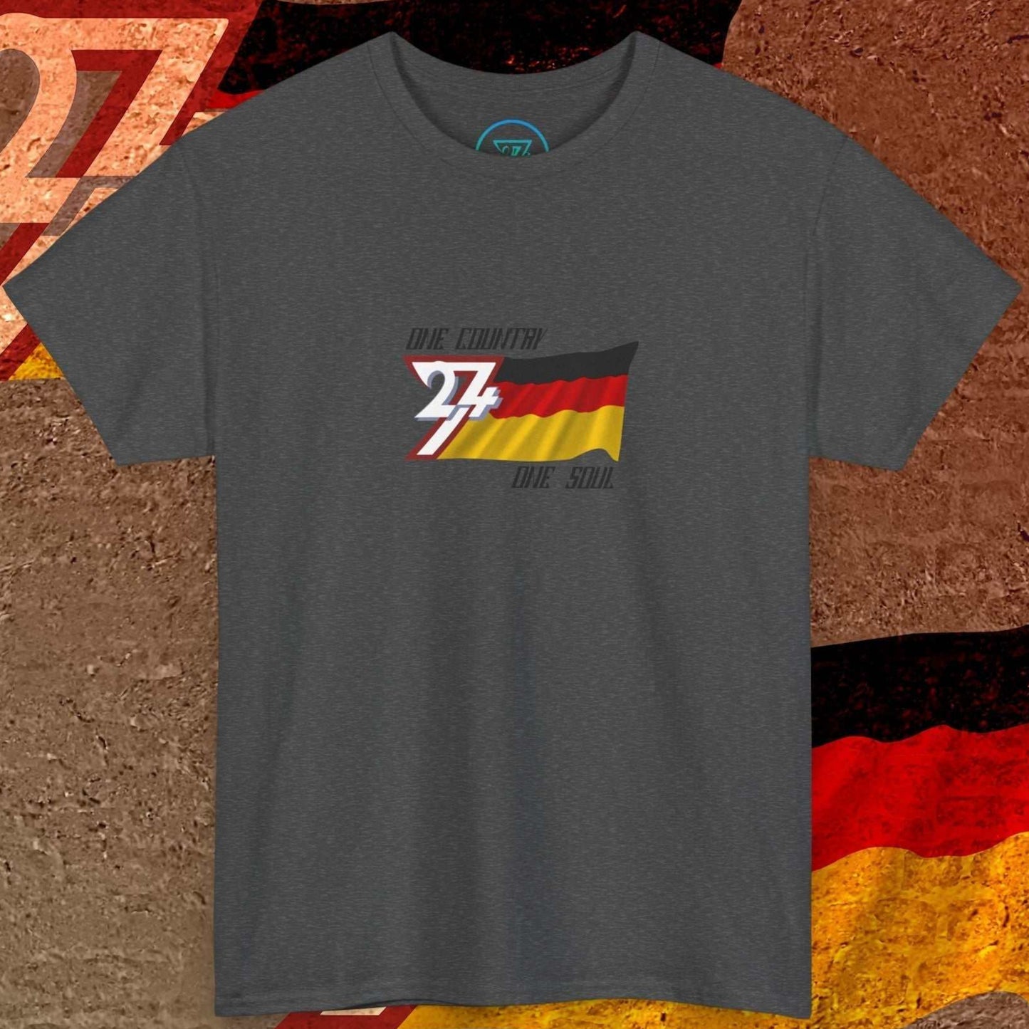 Full front view of the Charcoal Germany flag t-shirt with a hand-drawn design and "One Country One Soul" slogan.