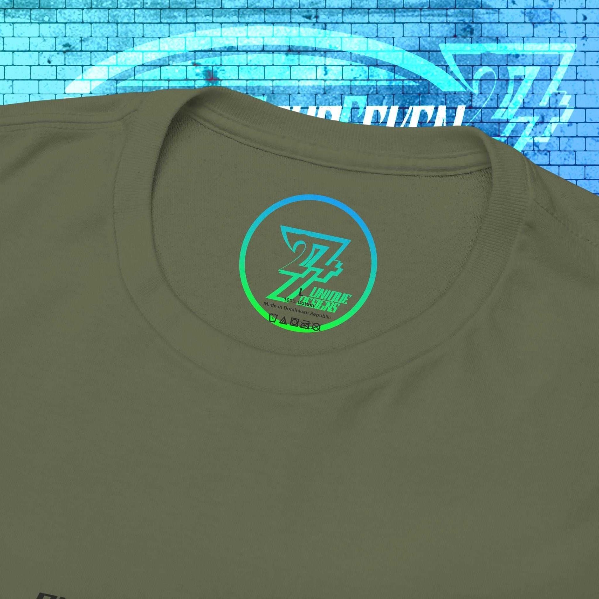 Macro close-up of the inner neck label showing the authentic 24/7 Unique Designs™ trademark logo on the Germany flag tee.